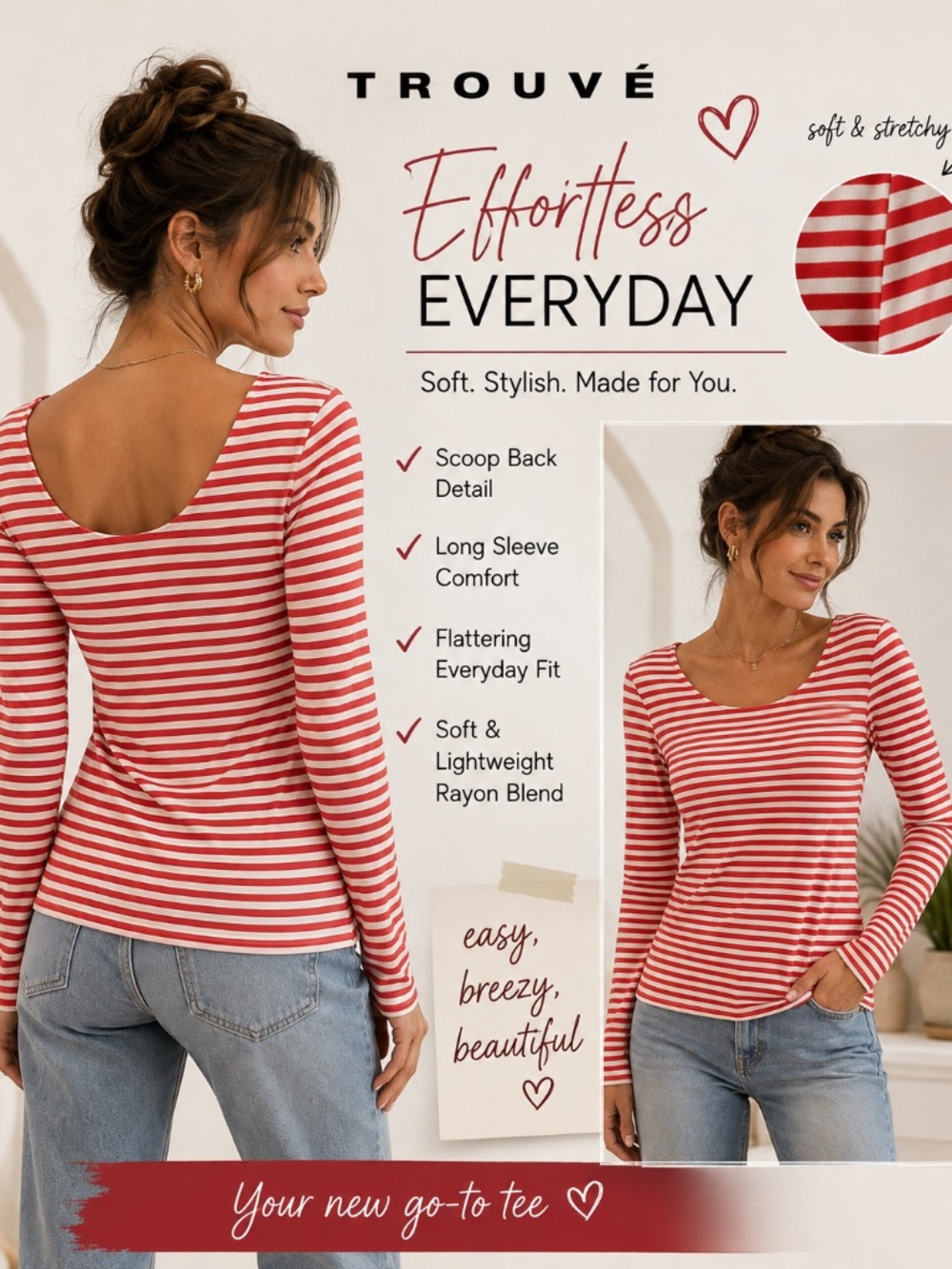 Trouvé Red & White Striped Scoop Back Long Sleeve Tee Size S